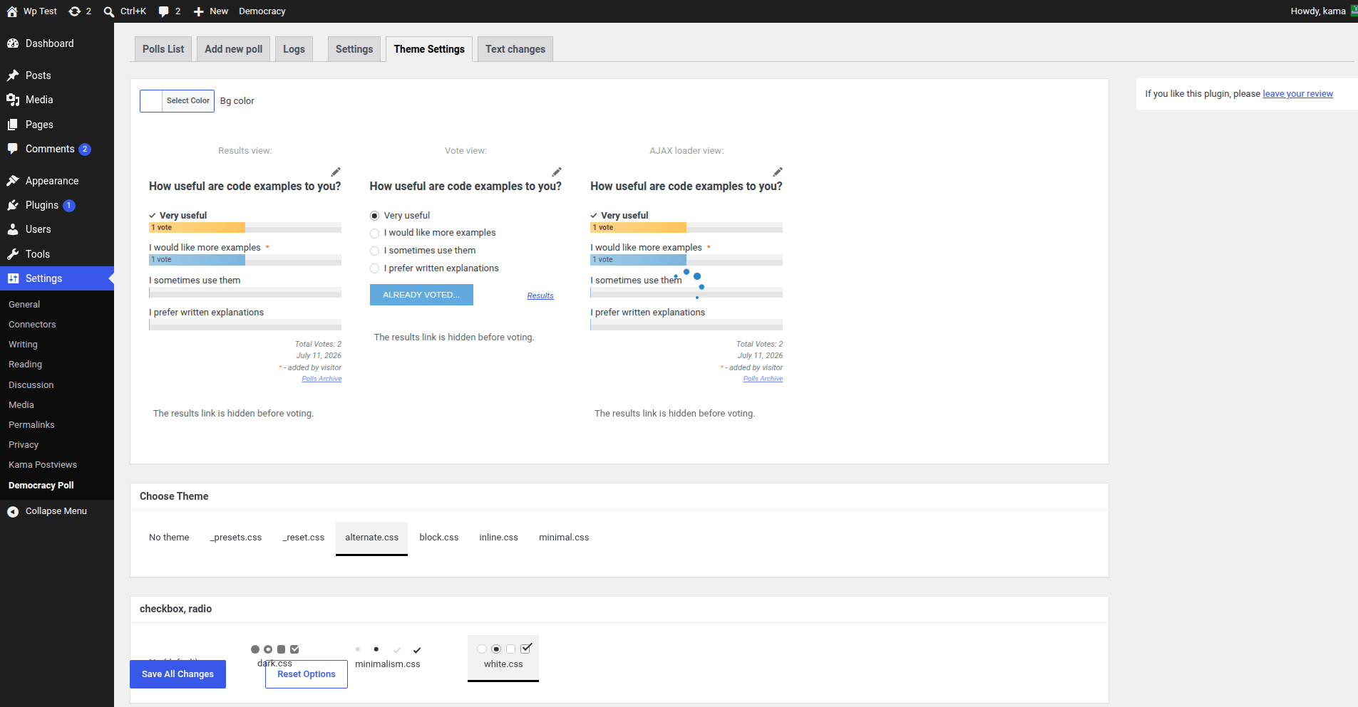 The complete design screen in WordPress Admin.