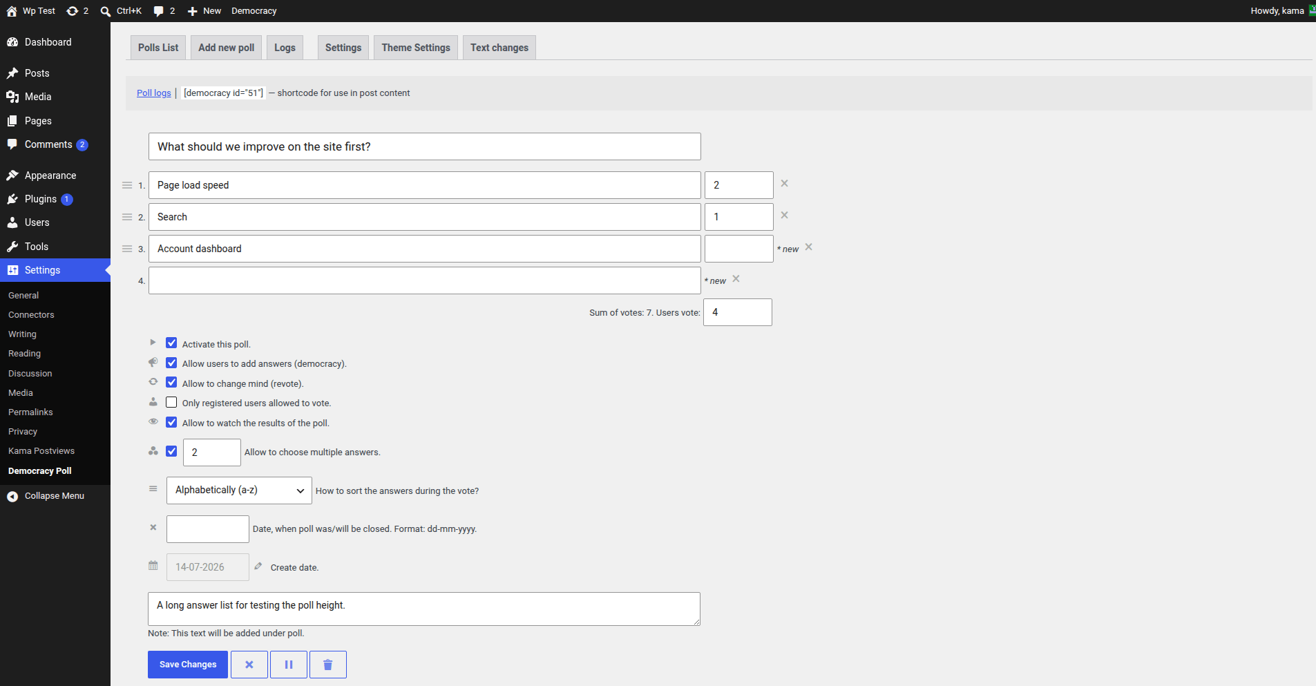 The complete add-poll screen in WordPress Admin.