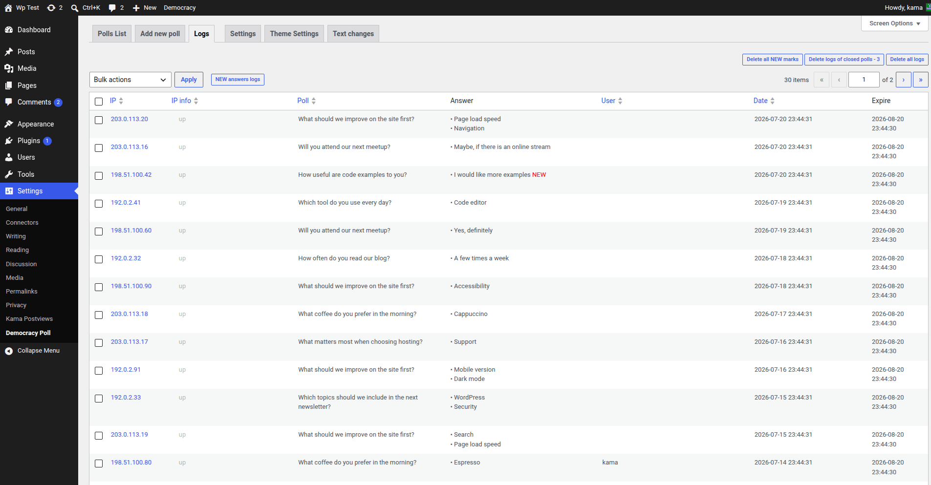 The vote-log screen with fictional voter data.